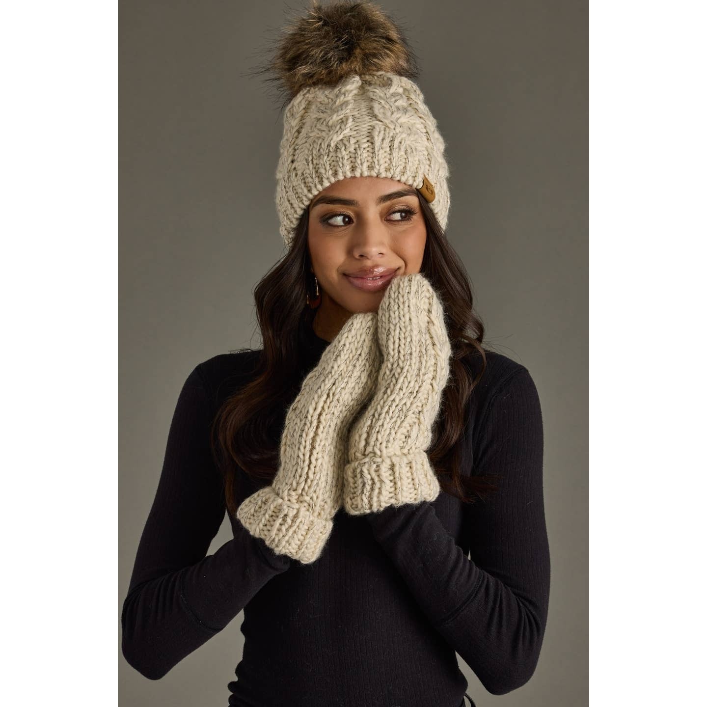 Beige Cable Knit Pom Hat