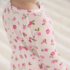 Close-up of a pink floral-patterned sweater on a blurred background