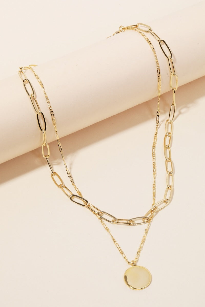 Layered Chain Circle Disc Pendant Necklace