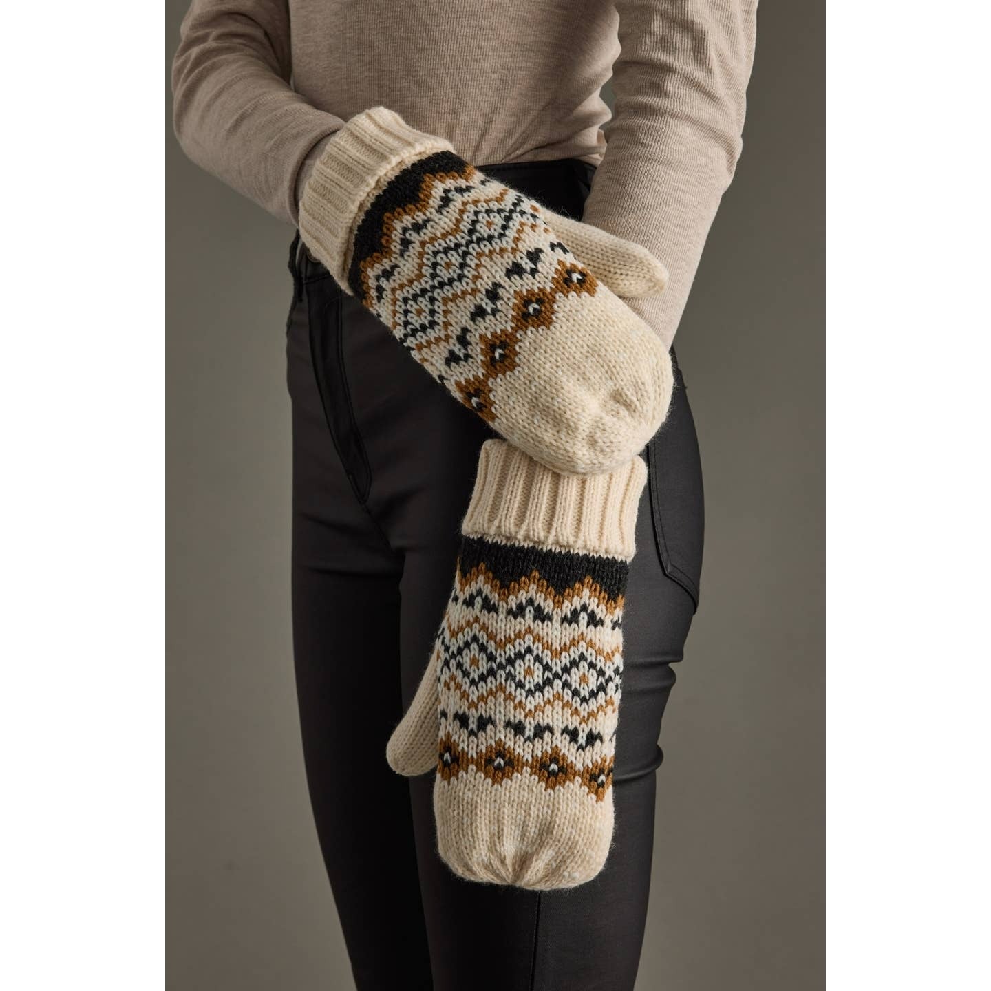 Cream, Black + Camel Patterned Mittens
