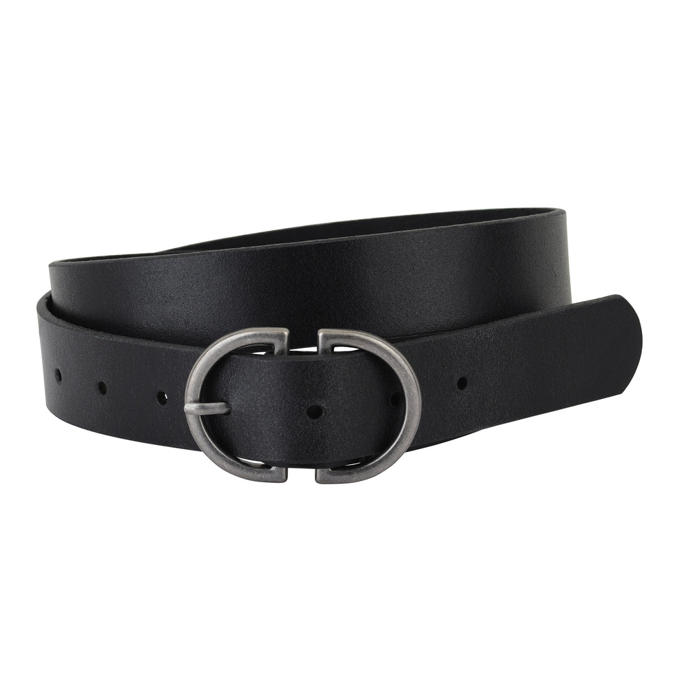 A black leather belt with a large, polished silver-tone metal buckle, coiled and presented on a clean white background.