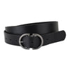 A black leather belt with a large, polished silver-tone metal buckle, coiled and presented on a clean white background.