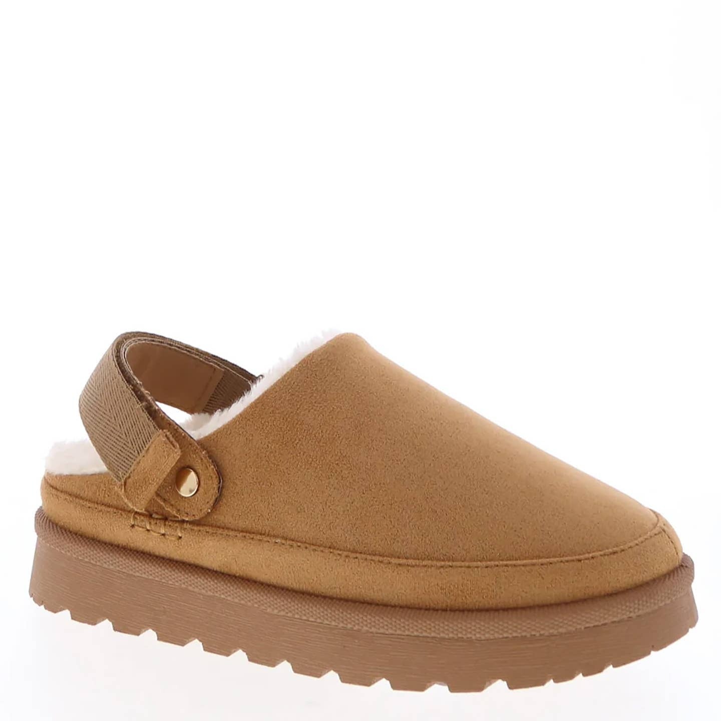 A tan suede slip-on clog shoe with a plush white shearling lining and a brown rubber sole, shown from a three-quarters angle on a white background.