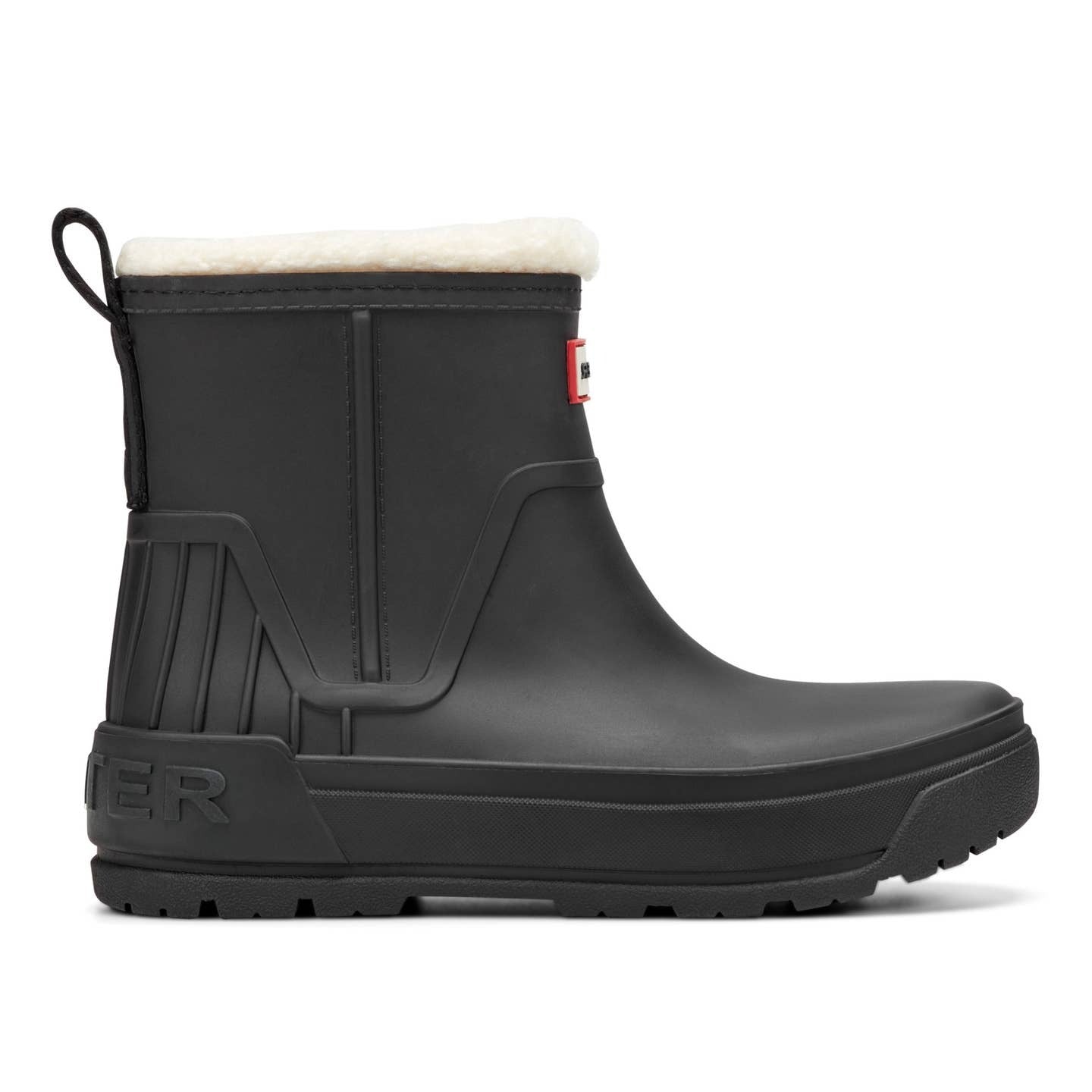 Beige rubber boot with white fur lining on a white background