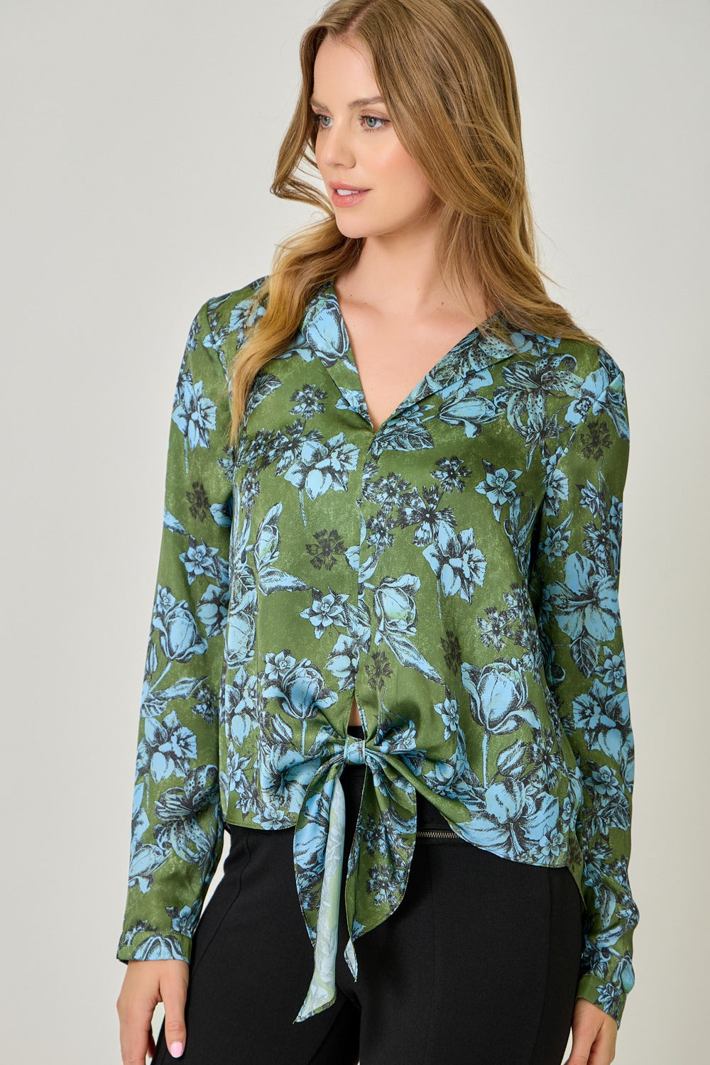 Olive Front Tie Satin Top