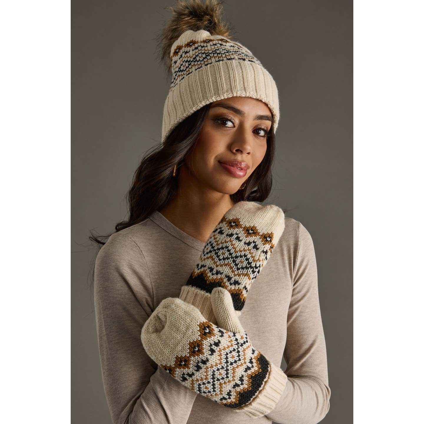 Cream, Black + Camel Patterned Pom Hat