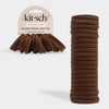 A pack of brown seamless elastic hair ties, shown with the retail header card on the left and a tall stack of the hair ties on the right, on a light gray background.