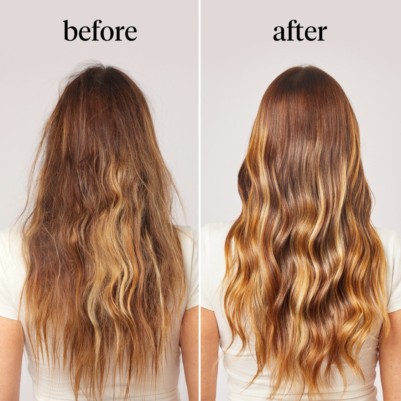 Before and after comparison of long, wavy hair with a neutral background