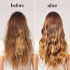 Before and after comparison of long, wavy hair with a neutral background