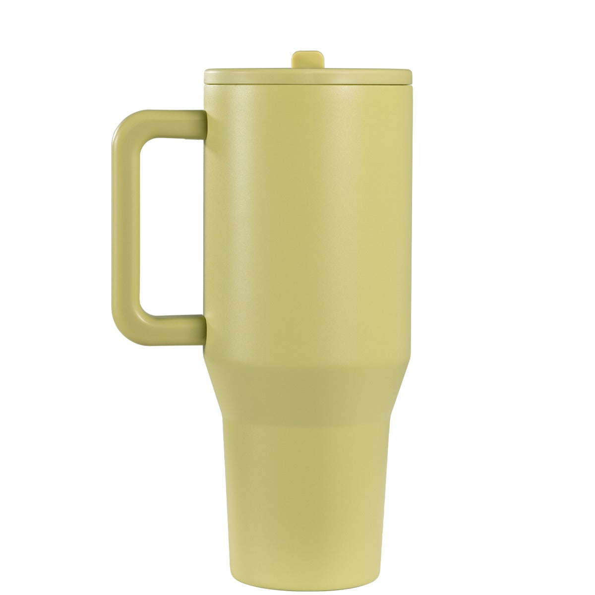 Yellow travel mug with handle on a white background