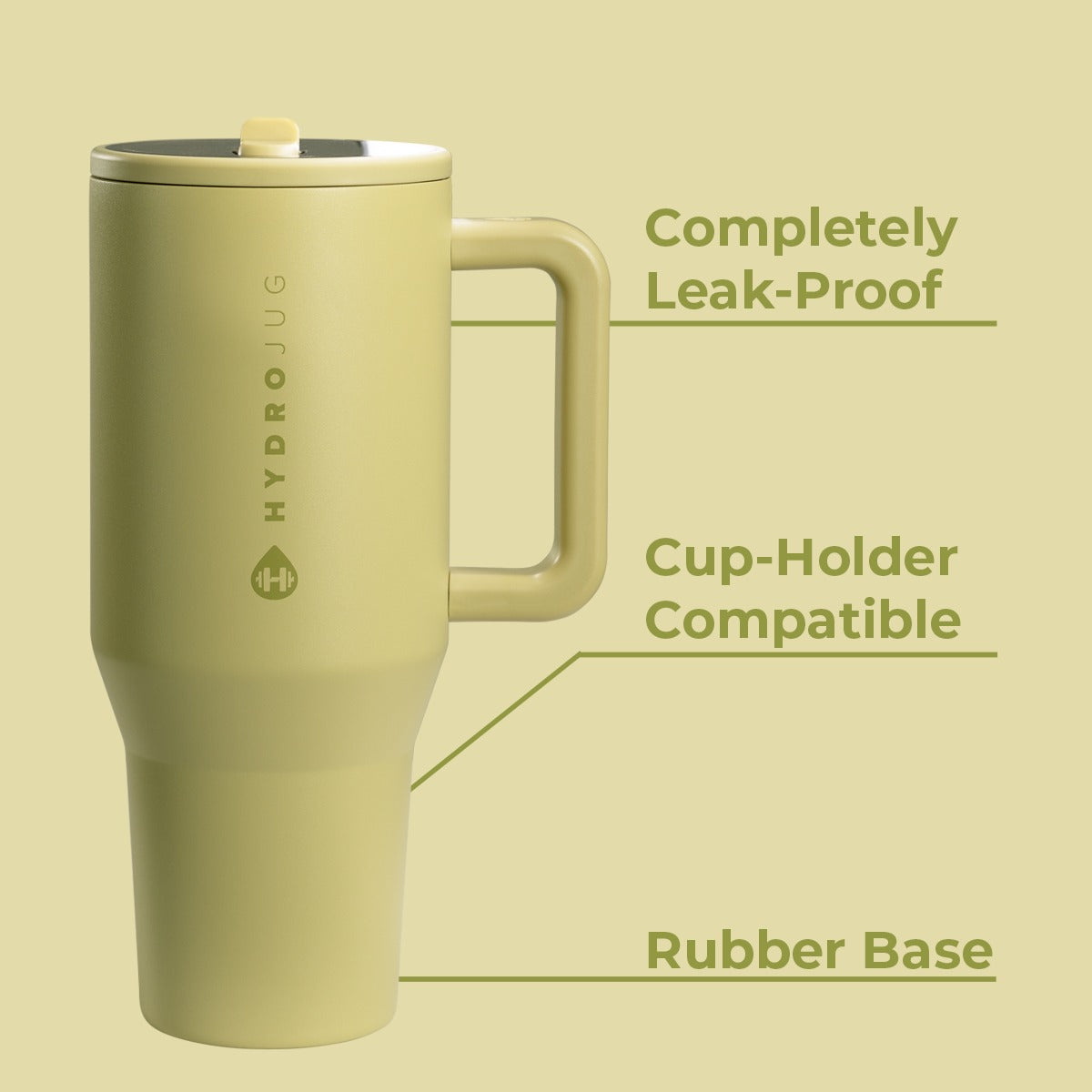 Beige travel mug with 'Hydro Flask' branding on a beige background