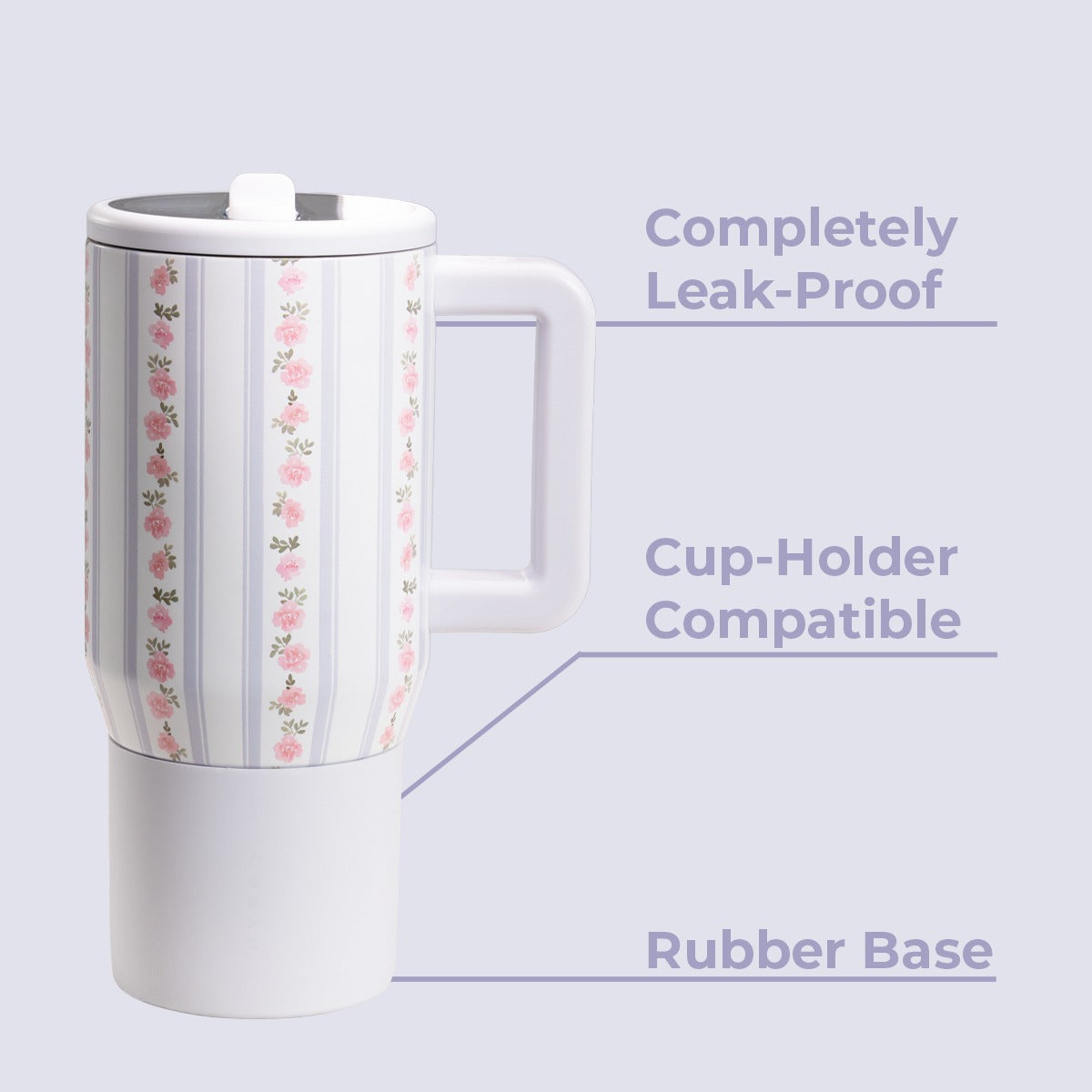 White tumbler with floral design on a light purple background, featuring text about its features.