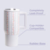 White tumbler with floral design on a light purple background, featuring text about its features.