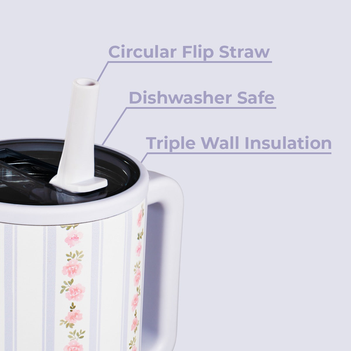 Floral-patterned mug with a circular flip straw on a light purple background