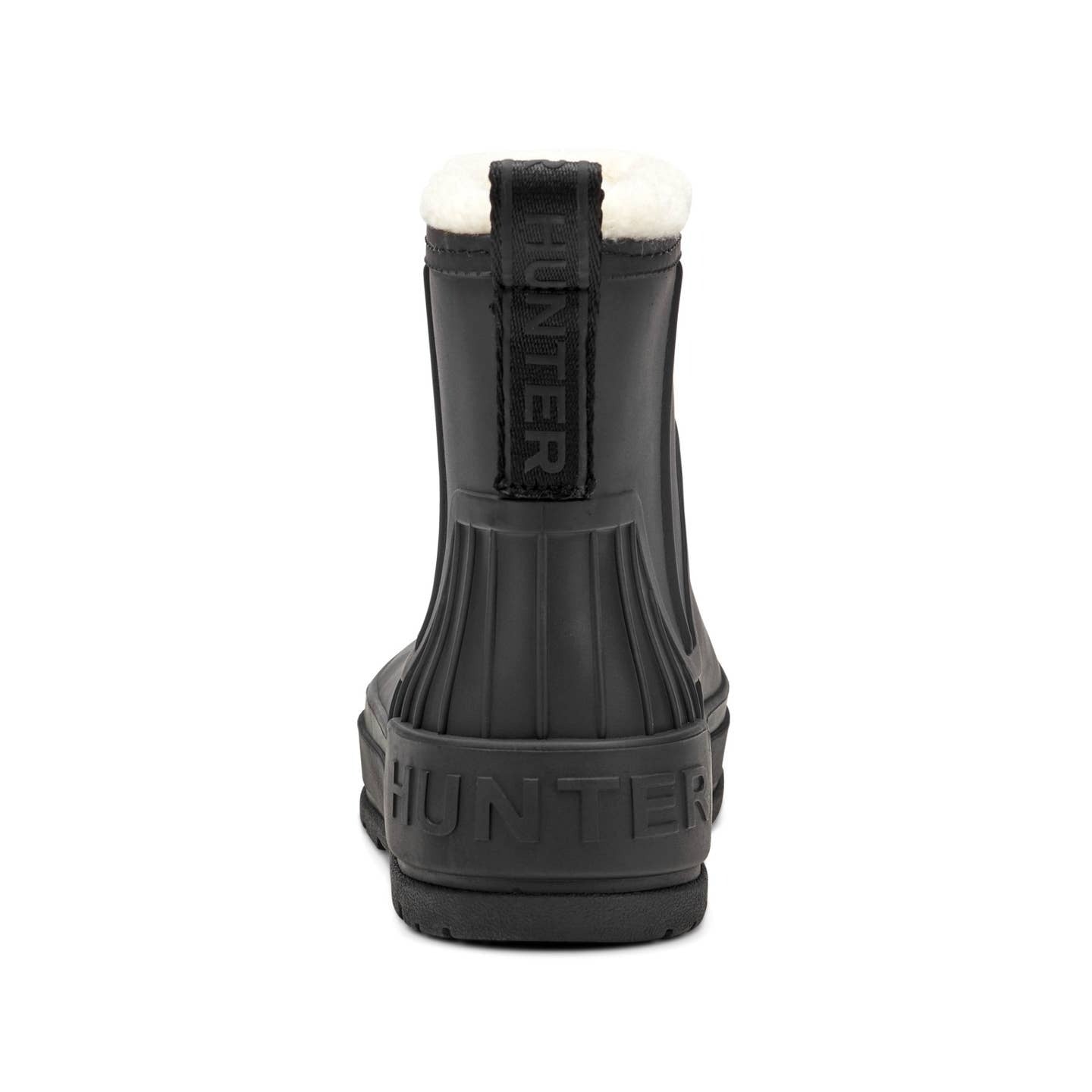 Black rubber rain boot with a white faux-fur collar, shown from the back on a white background. The brand name 'HUNTER' is embossed on the heel pull tab and molded onto the sole.