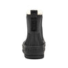 Black rubber rain boot with a white faux-fur collar, shown from the back on a white background. The brand name 'HUNTER' is embossed on the heel pull tab and molded onto the sole.