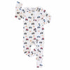Baby onesie with vehicle pattern on a white background