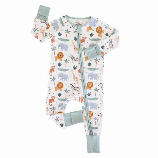 Baby onesie with animal pattern on a white background