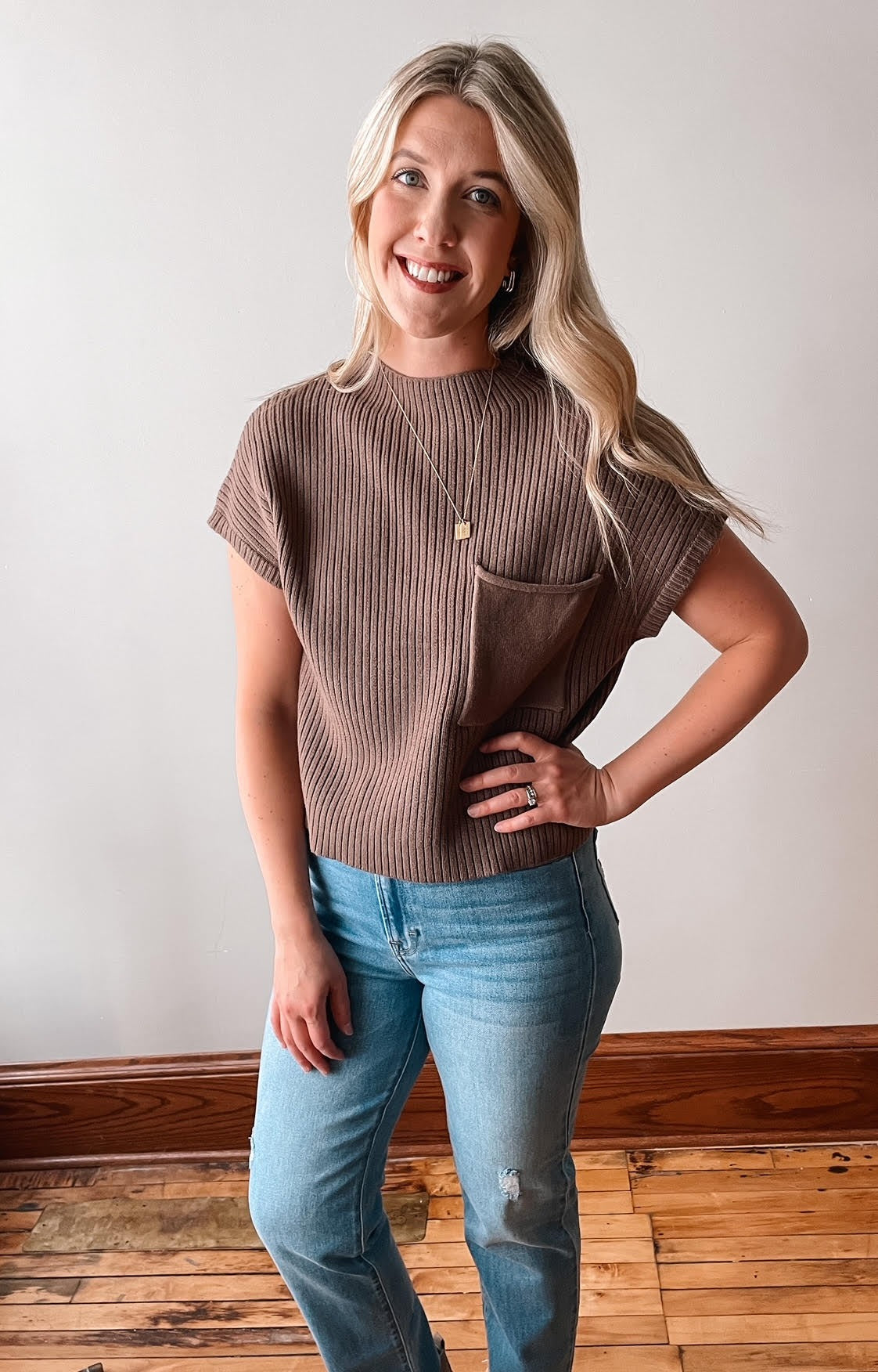 Alina Mocha Short Sleeve Sweater