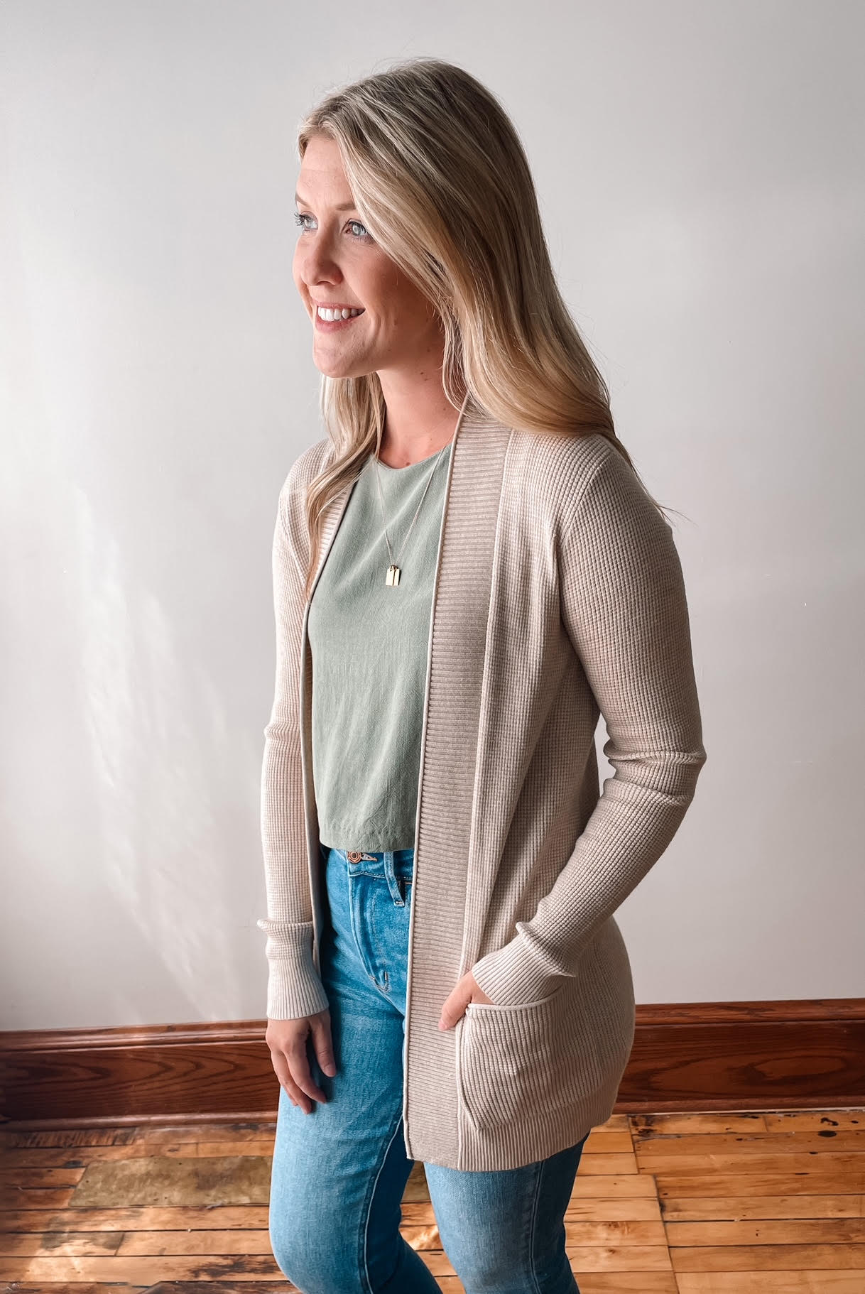 Andrea Oatmeal Waffle Knit Cardigan