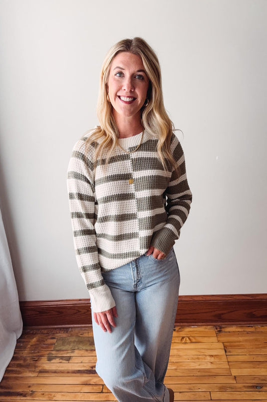 Anna Olive Color Block Waffle Sweater