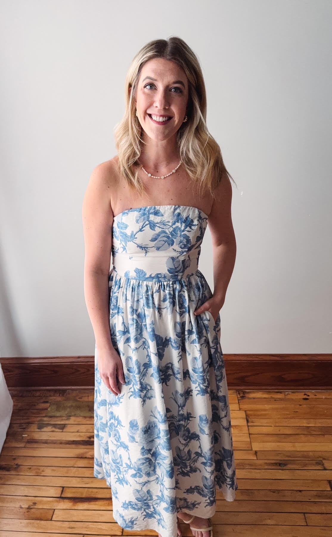 blue and cream dress Were Going Places Mini Dress