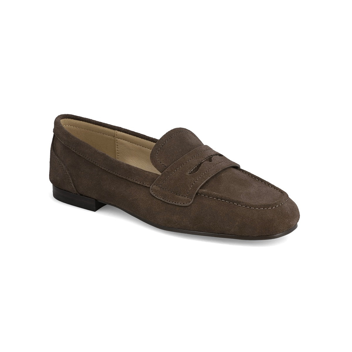 Black patent leather loafer on a white background