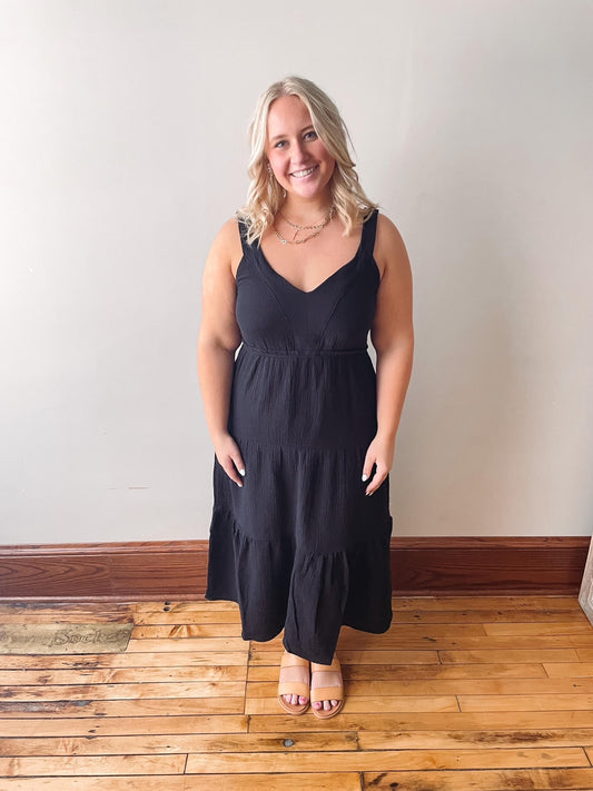 Black Cotton Midi Dress