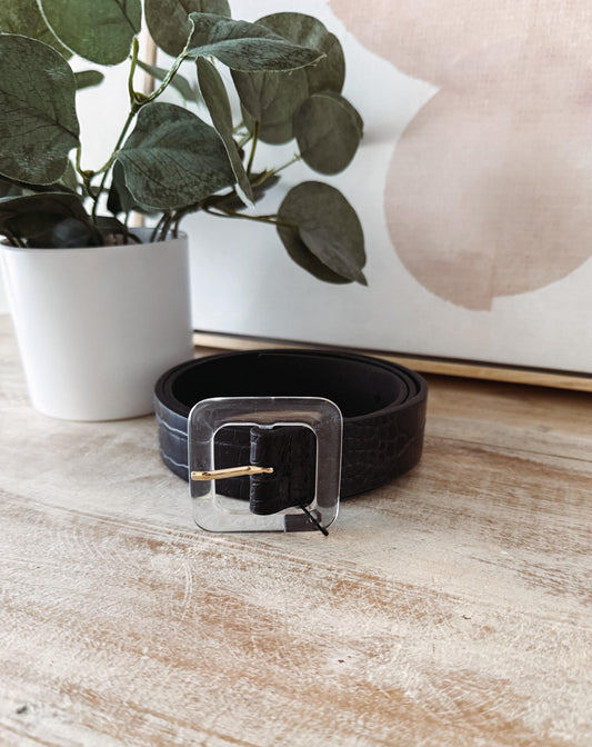 Black belt with buckle on a wooden surface next to a potted plant and abstract painting.