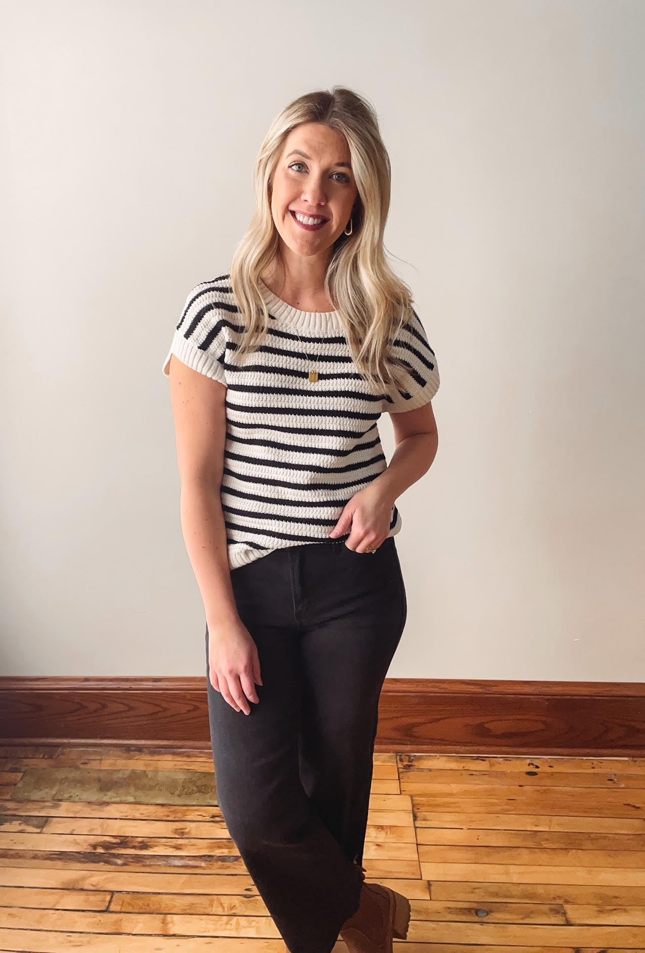 Black Striped Short Sleeve Sweater