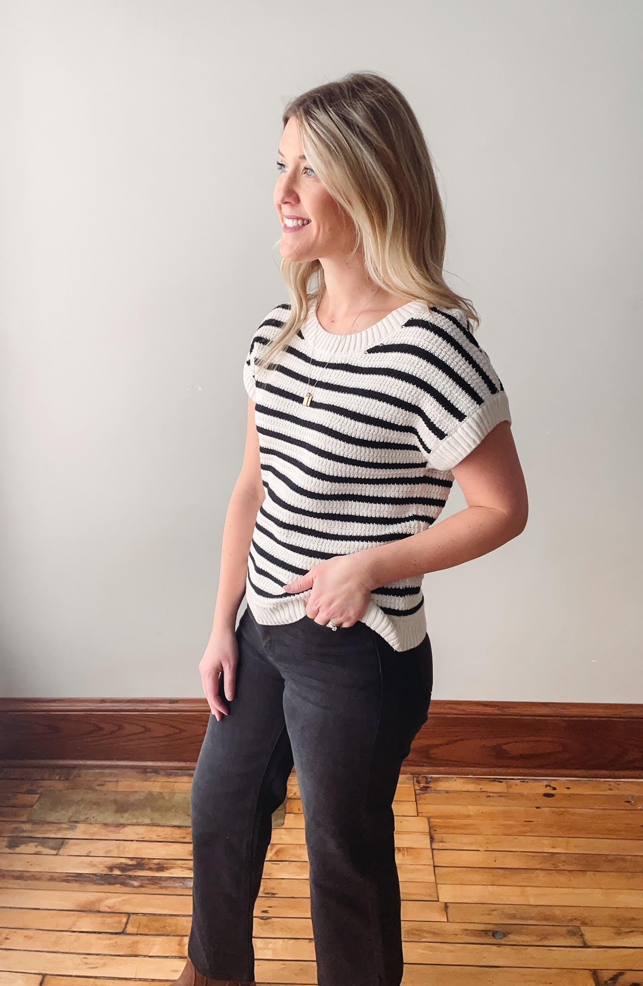 Black Striped Short Sleeve Sweater