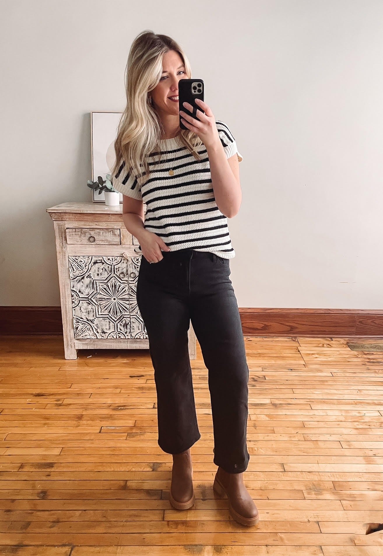 Black Striped Short Sleeve Sweater