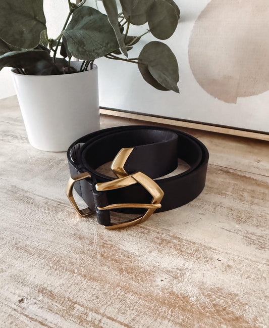 Black belt with gold buckle on a wooden surface next to a plant and framed picture.