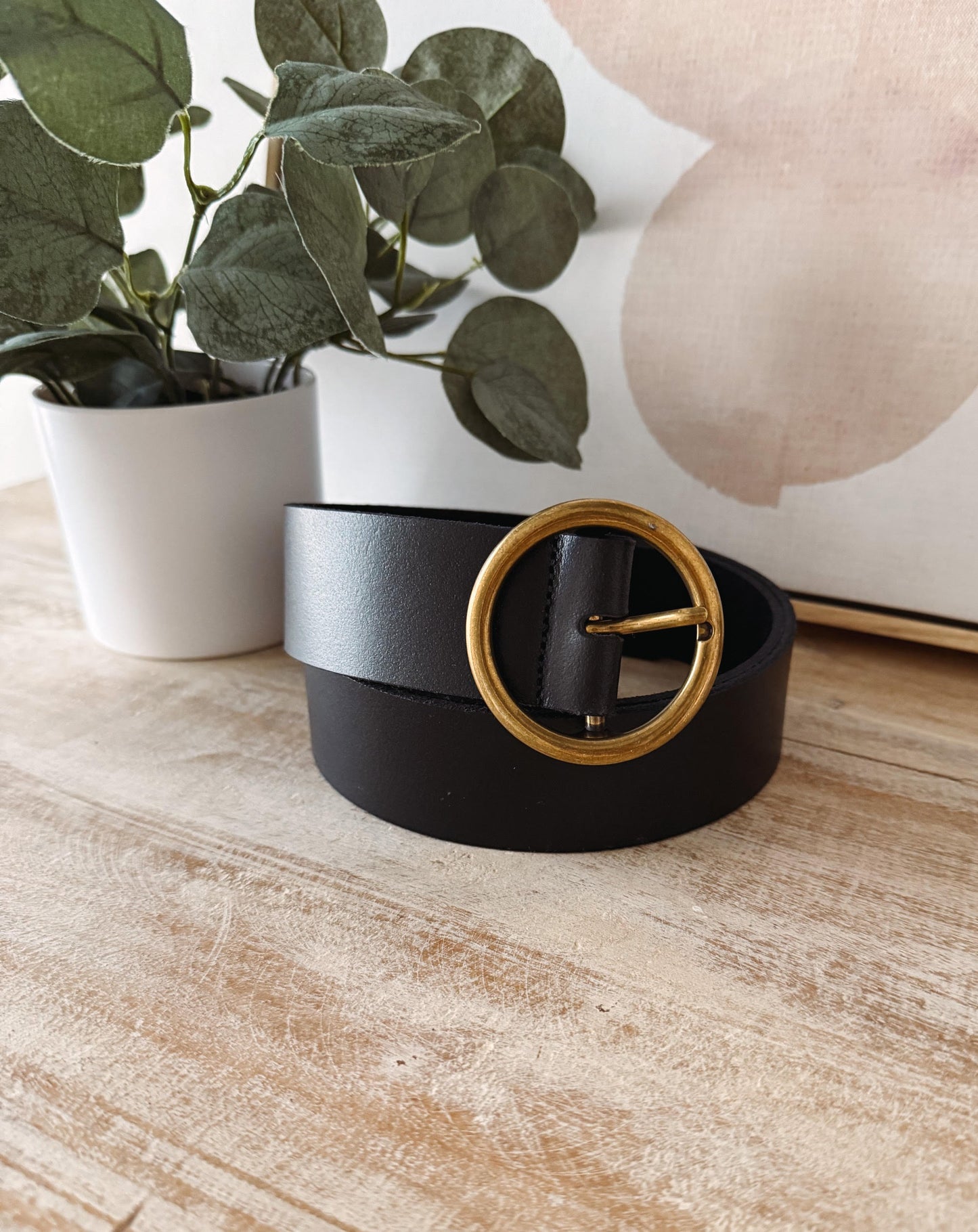 Black belt with a gold buckle on a wooden surface with a plant in the background