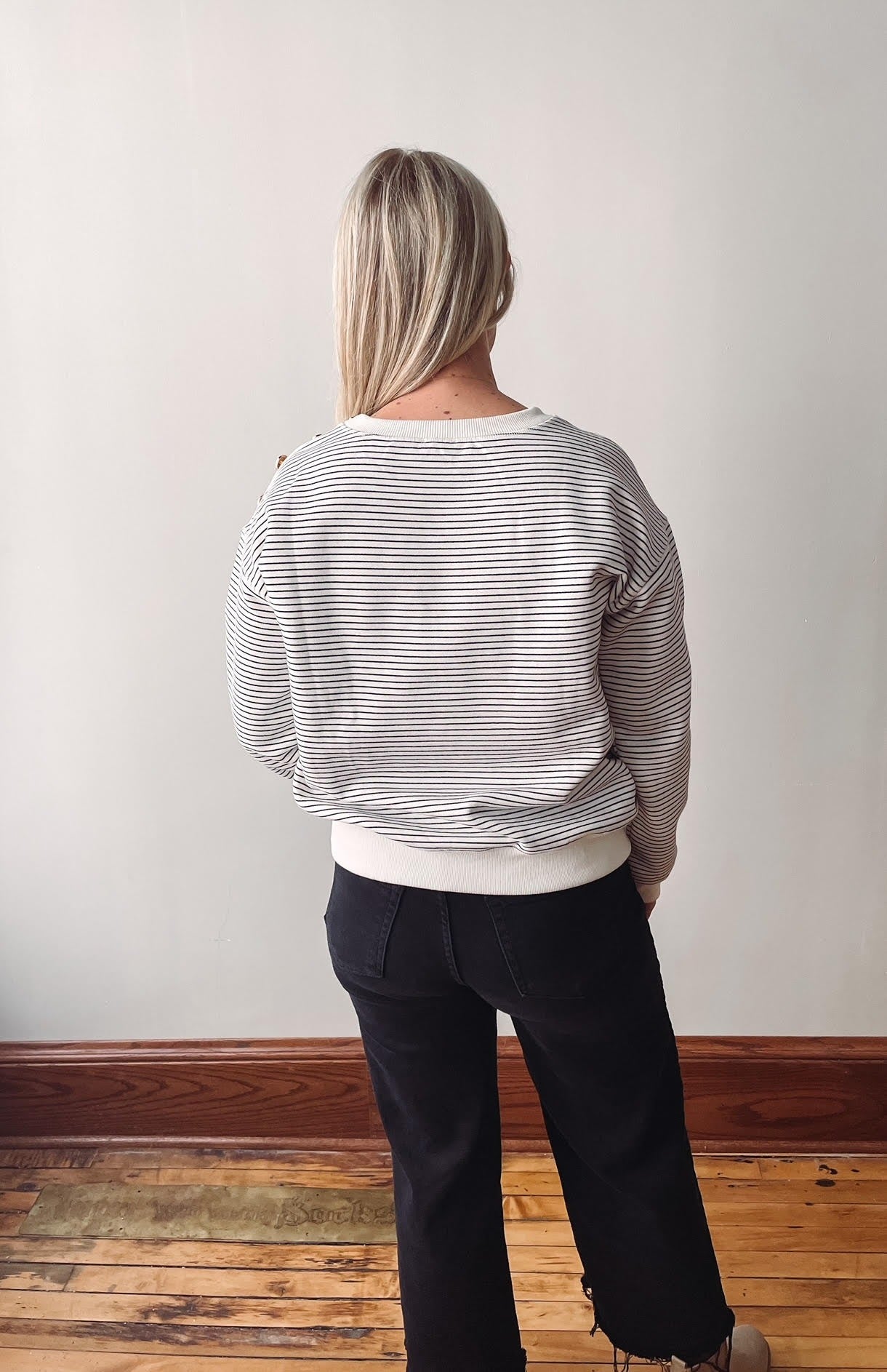 Black + White Sweatshirt with Gold Buttons