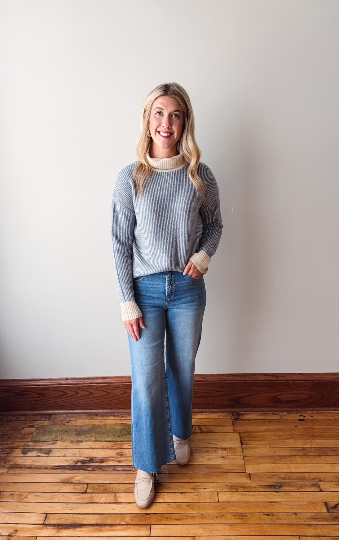 Blue Striped Turtleneck Sweater