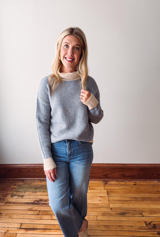 Blue Striped Turtleneck Sweater