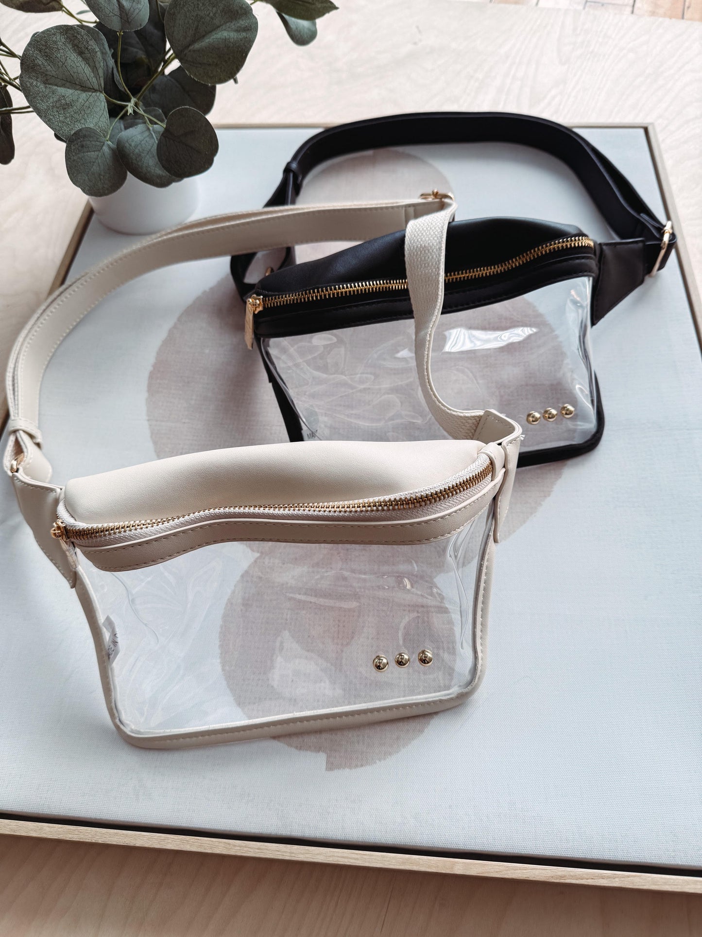 Clear handbag with beige handle and trim on a light surface.