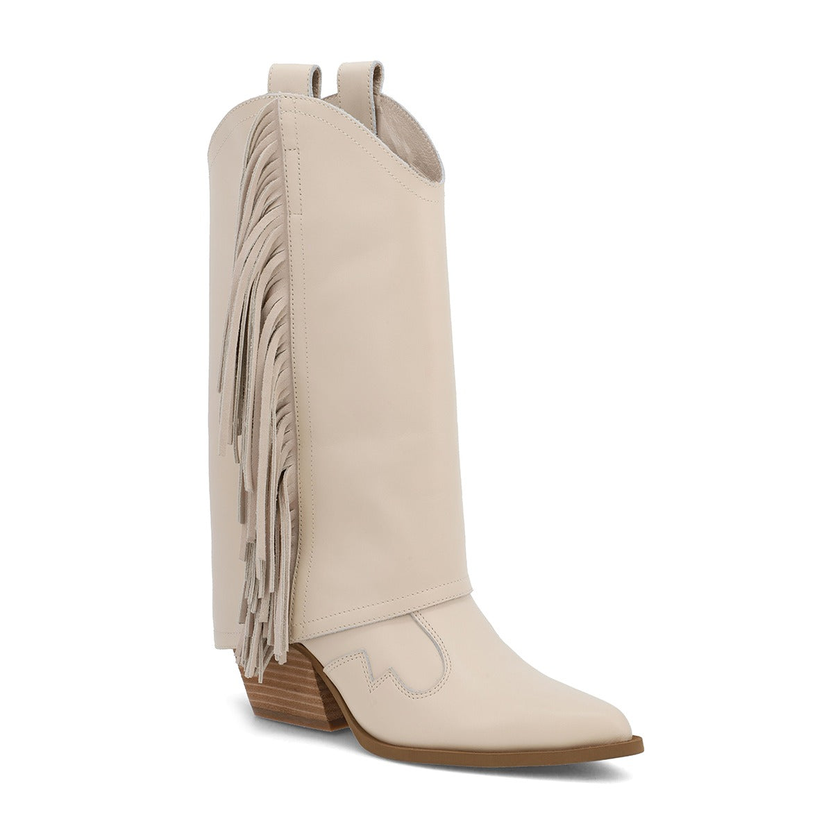Beige cowboy boot with fringe on a white background