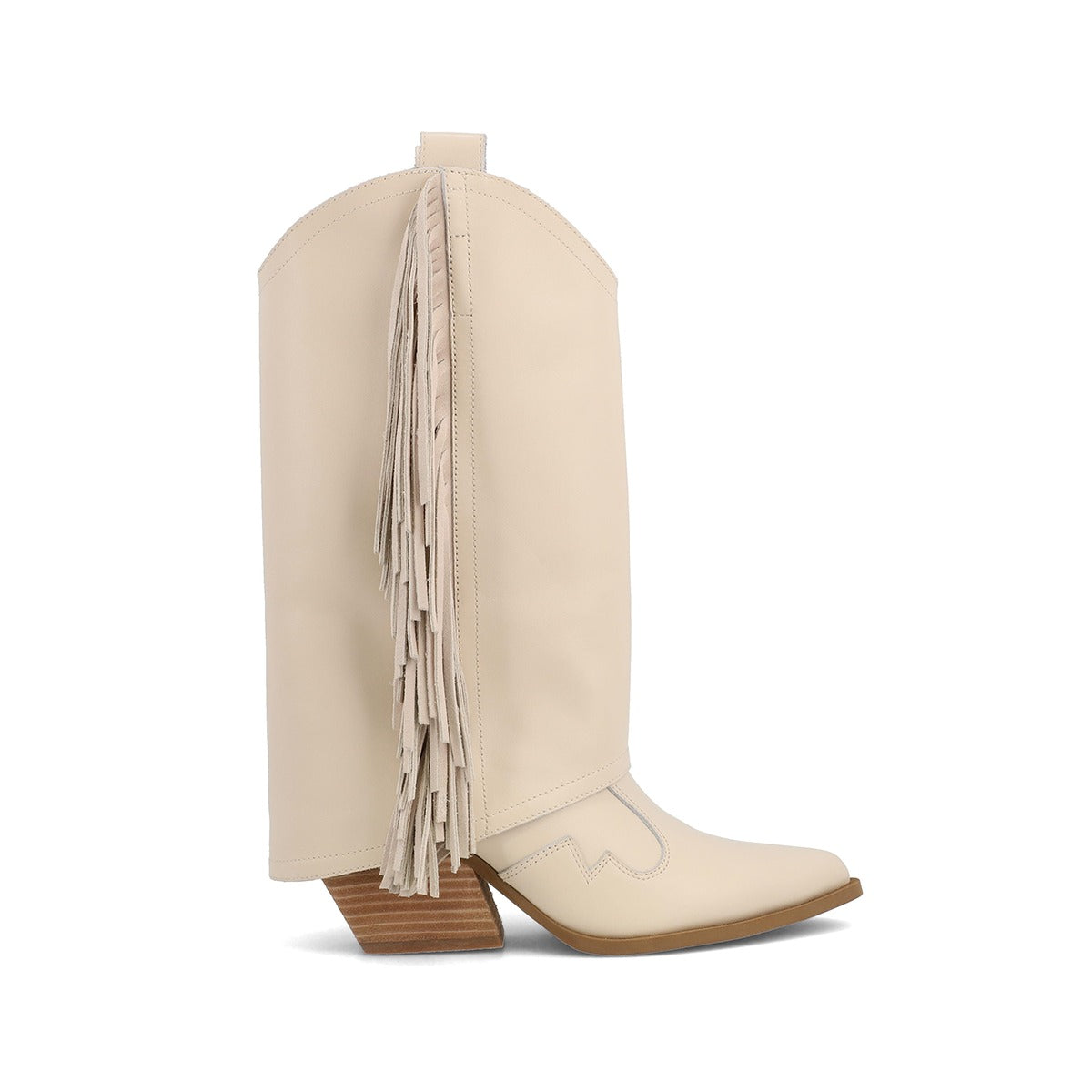 Beige cowboy boot with fringes on a white background