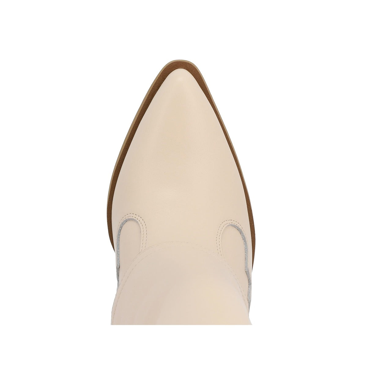 Close-up of a beige pointed-toe shoe on a white background
