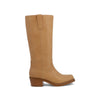 Tan knee-high boot on a white background