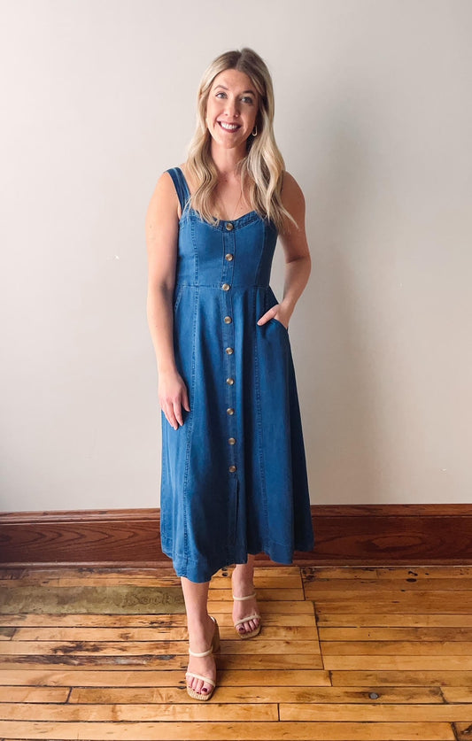 Dark Chambray Button Midi Dress