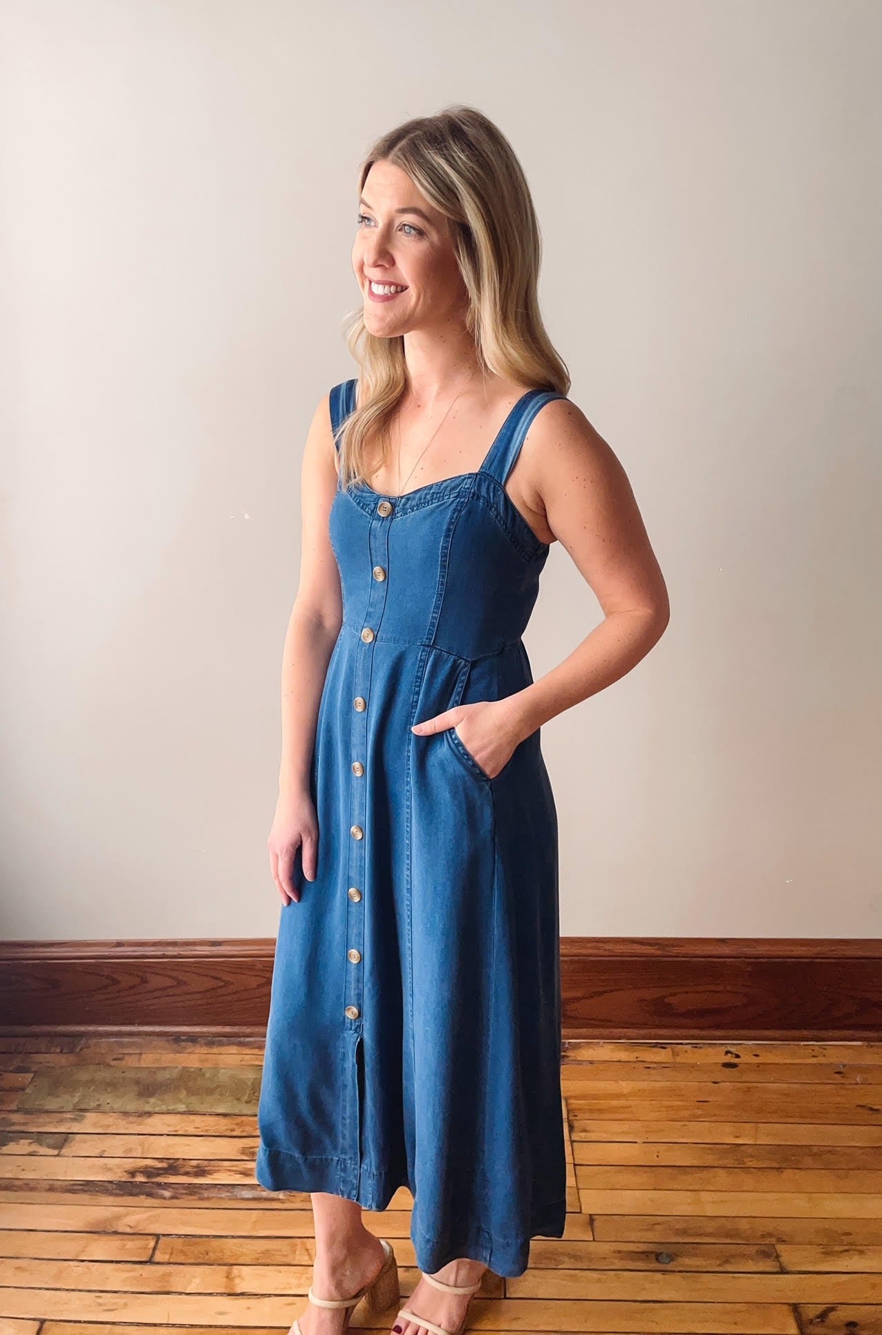 Dark Chambray Button Midi Dress