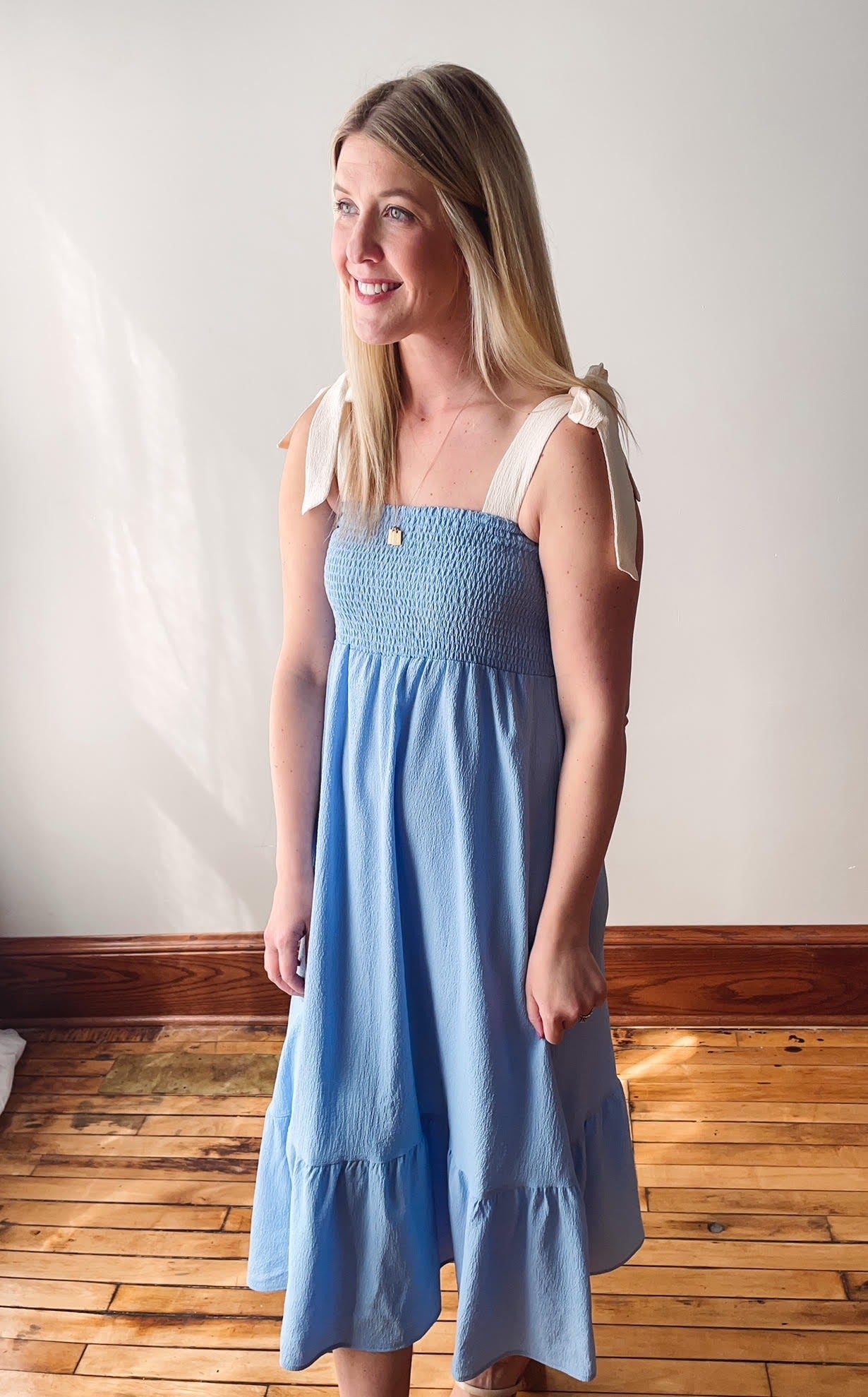Delilah Sky Blue Smocked Midi Dress
