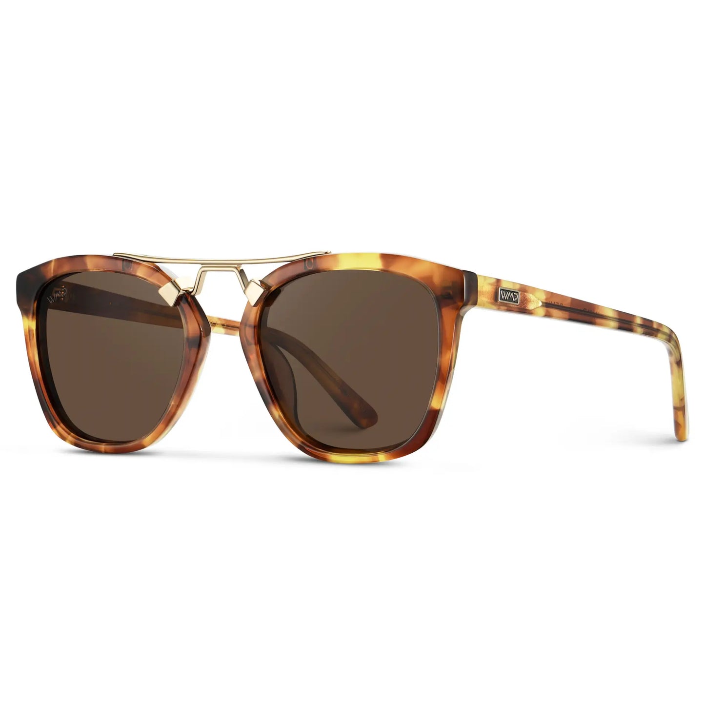 Sunglasses with tortoiseshell frame and brown lenses on a white background