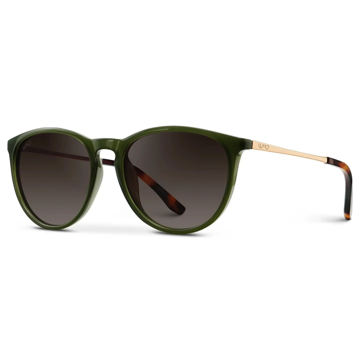 Green sunglasses with dark lenses on a white background