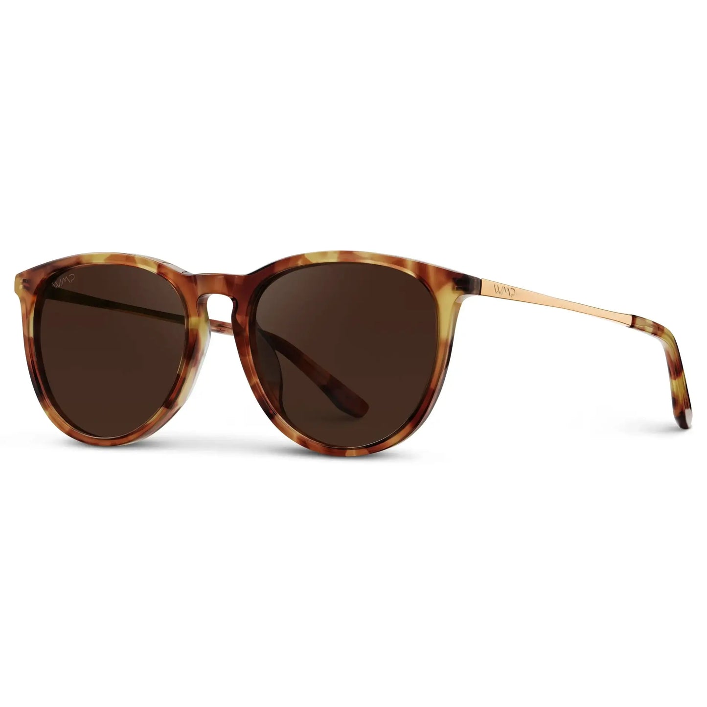 Sunglasses with tortoiseshell frame and brown lenses on a white background