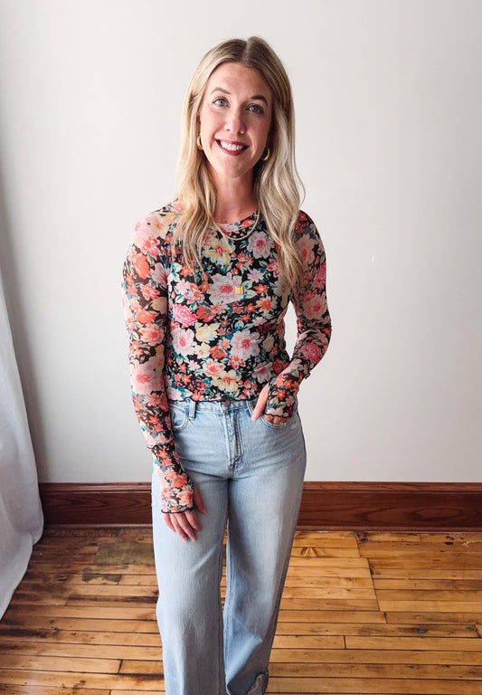 Emily Black Floral Mesh Top