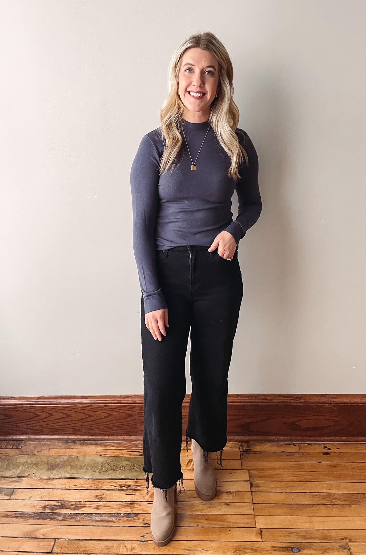 Evelyn Navy Mock Neck Top